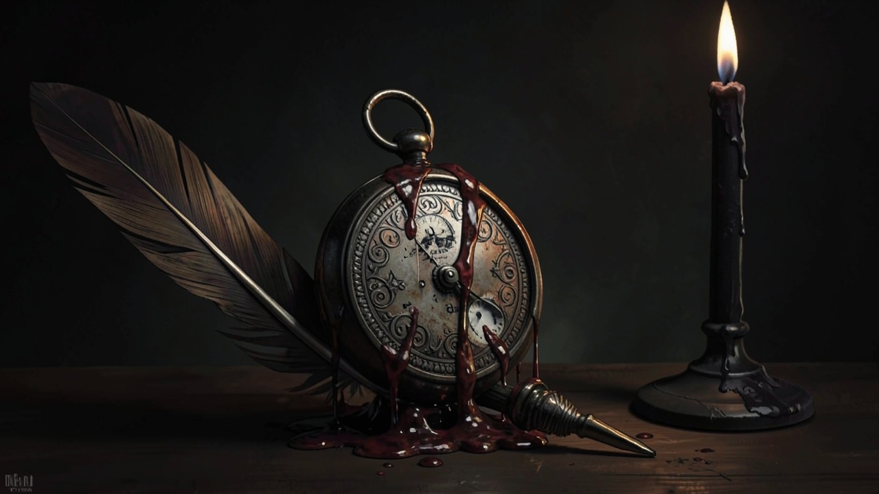 A gothic pocket watch melting over a quill, symbolizing the compression of time in flash fiction techniques.