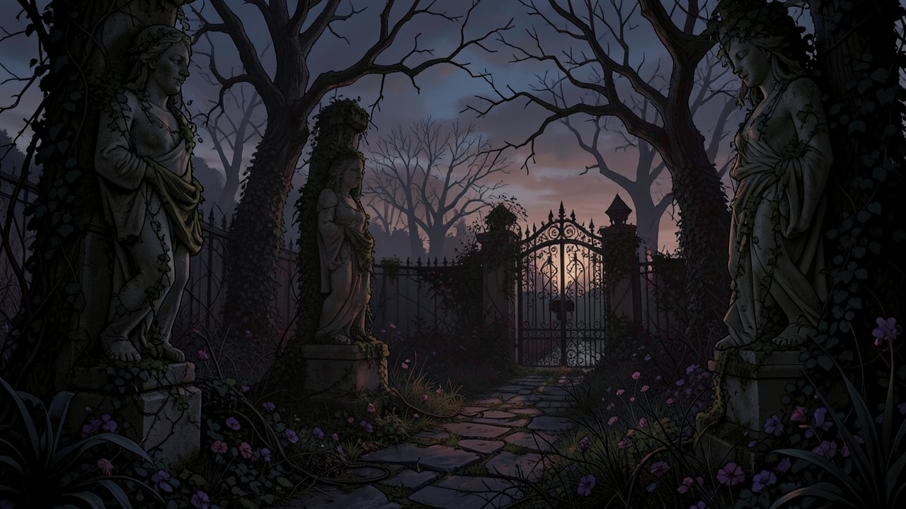 Atmospheric image of liminal spaces in gothic fiction, featuring an overgrown garden at dusk.