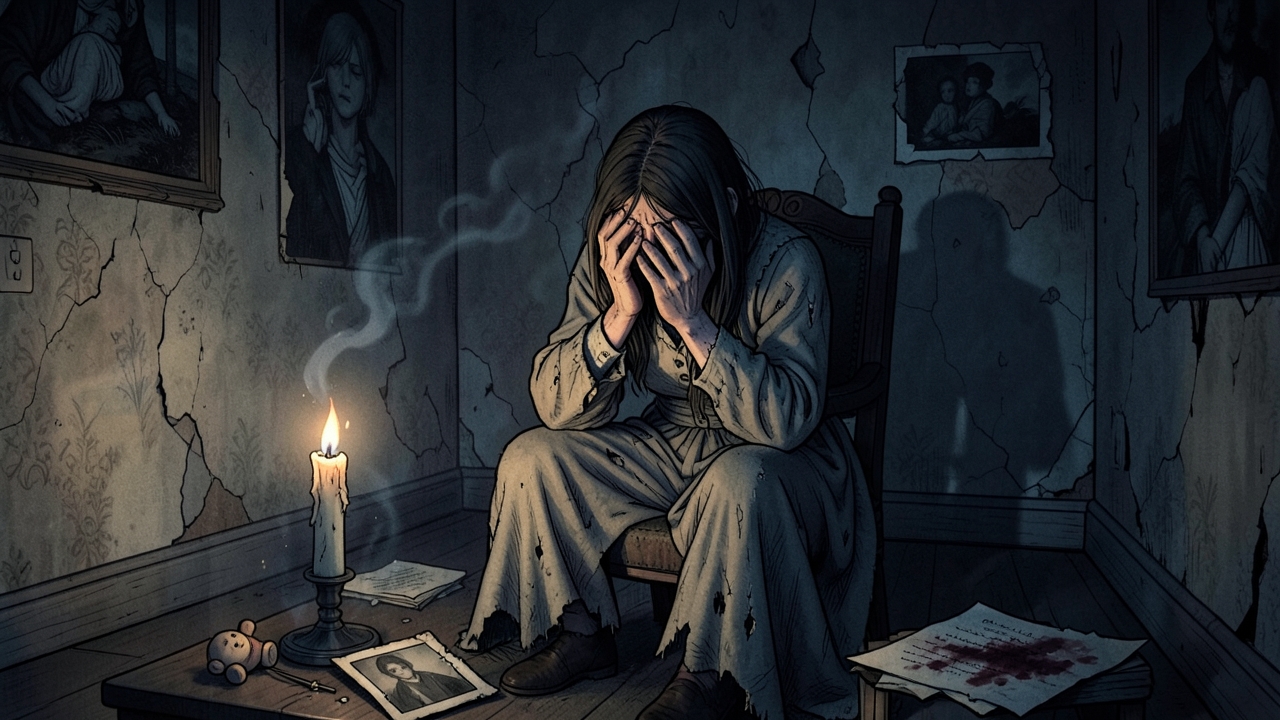 Atmospheric depiction of grief as a monster in horror fiction, dark and haunting