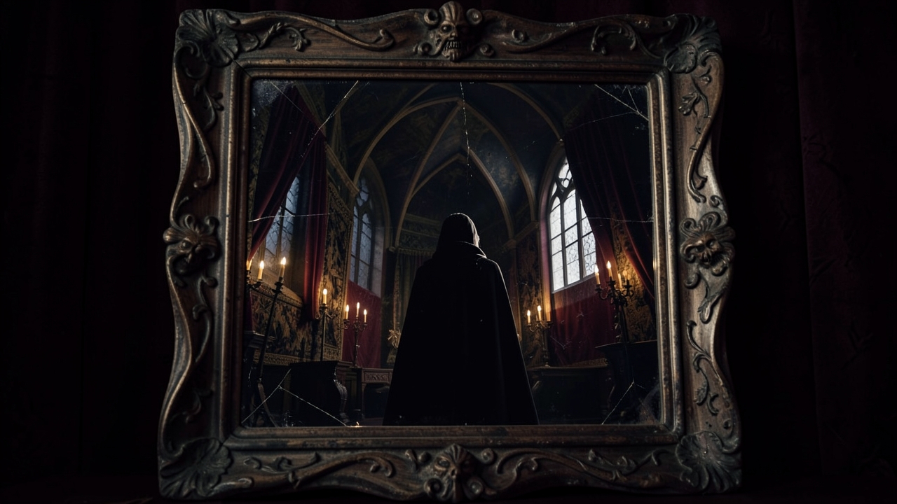 A writer exploring an unreliable narrator writing prompt with a shadowed reflection.