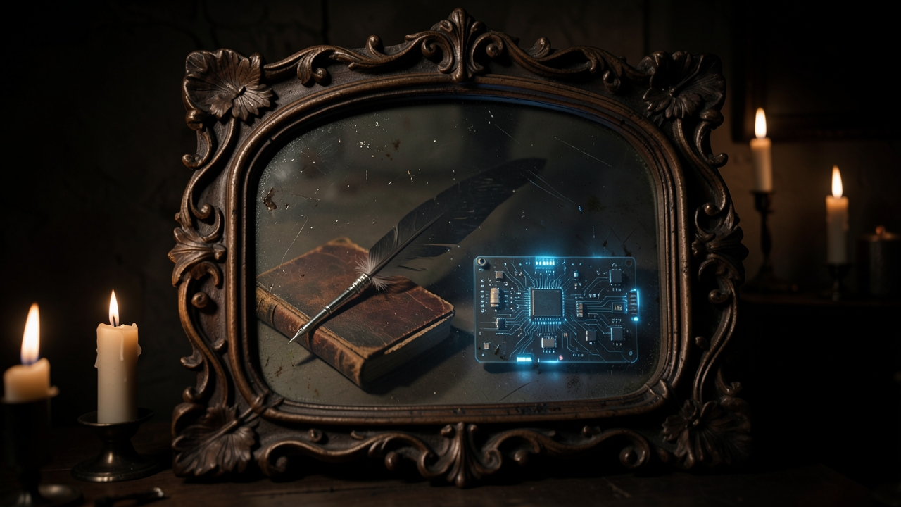 A darkly lit mirror showing both a classic quill pen and a digital AI circuit, representing AI personal essay writing.