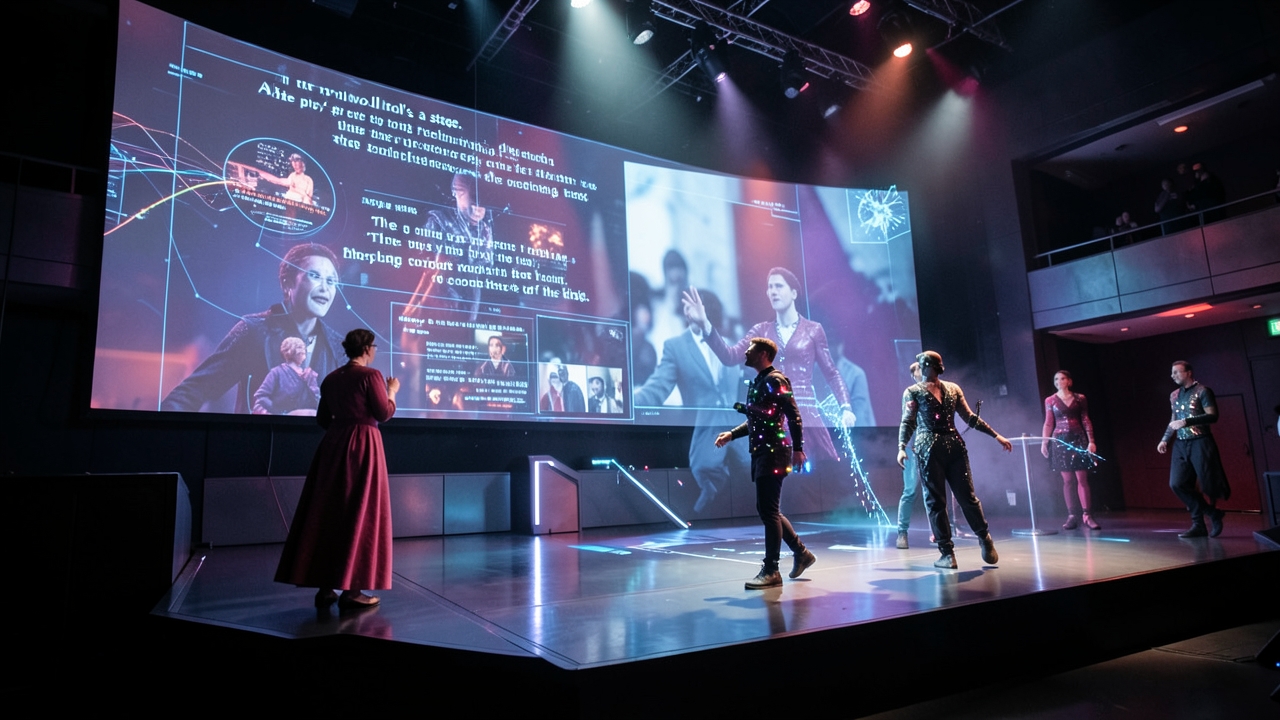 A dark, atmospheric theater stage illustrates the art of hybrid-media playwriting.
