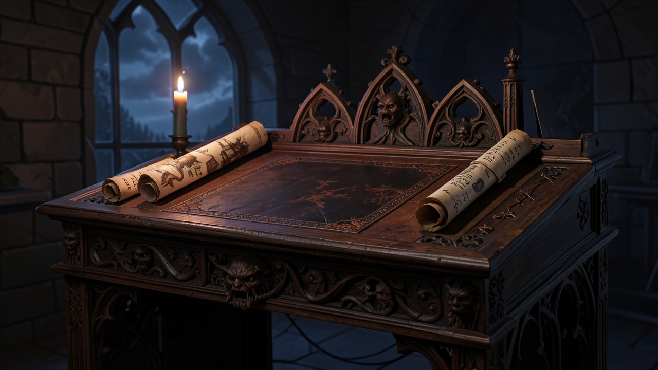 Image depicting the art of weaving exposition fiction in a dark, atmospheric setting.