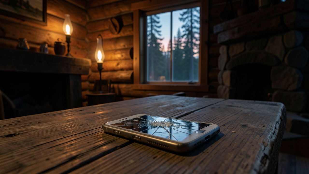 Technological isolation horror: a broken smartphone casting eerie light in a dark cabin.