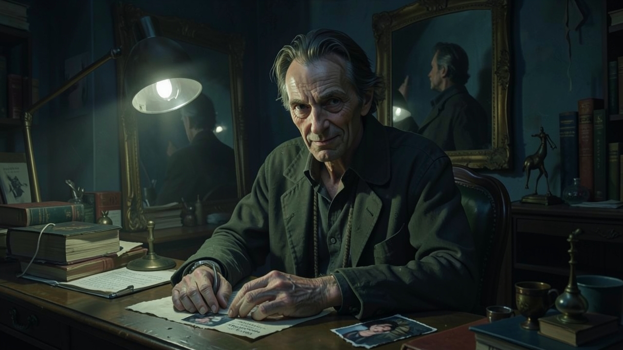 A gothic portrait of an unreliable narrator crafting a fabricated backstory before a dark mirror.