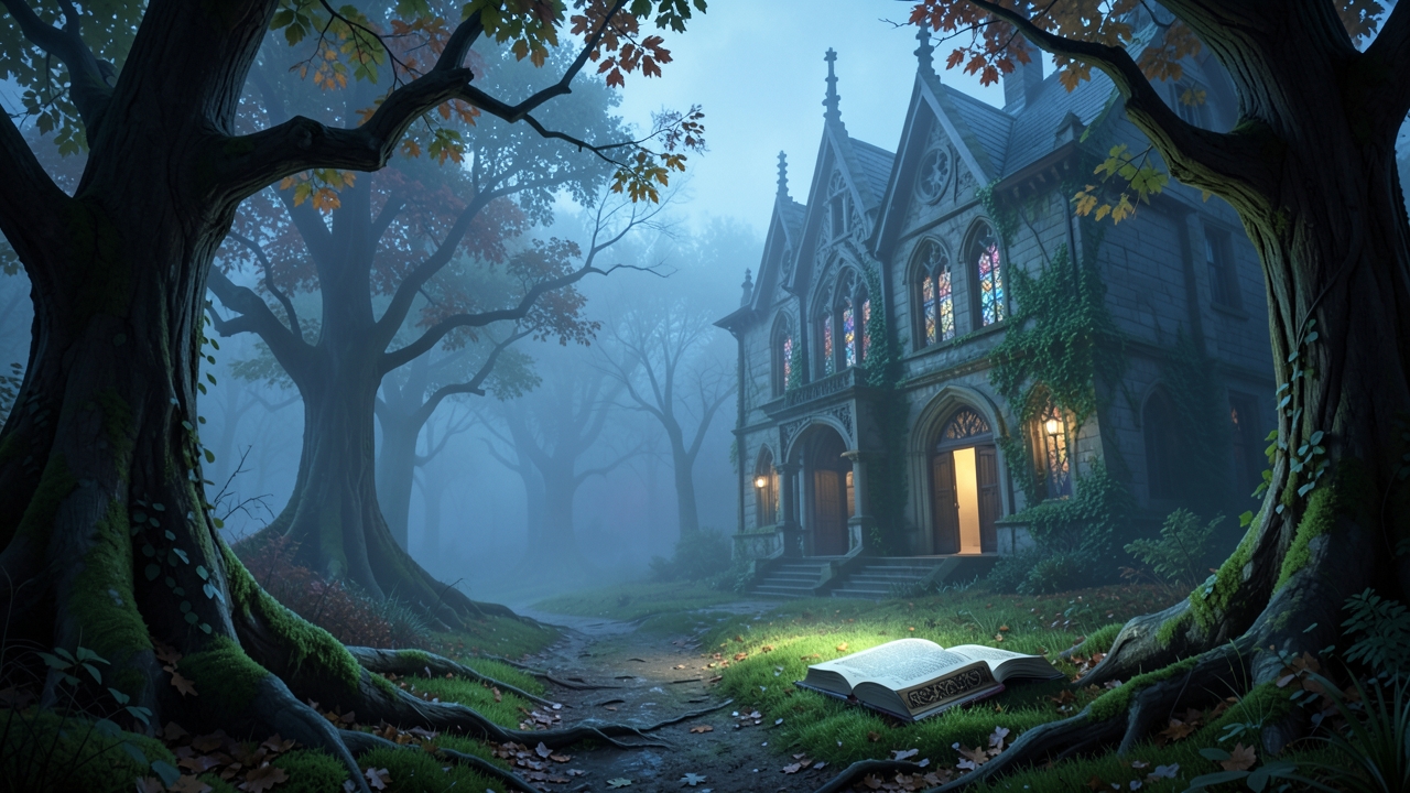 A decaying Gothic house as character, looming with oppressive architectural dread in mist.