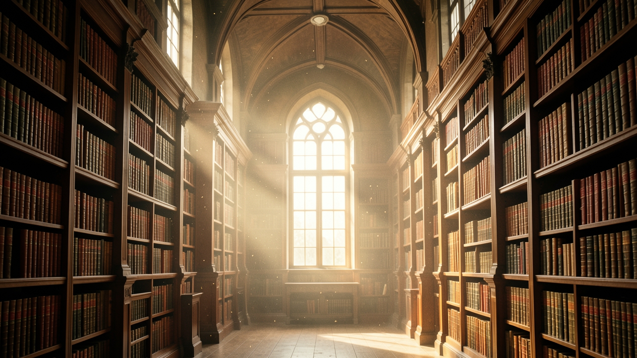Illustration of the haunted library dialogue prompt, showing shadowy bookshelves.