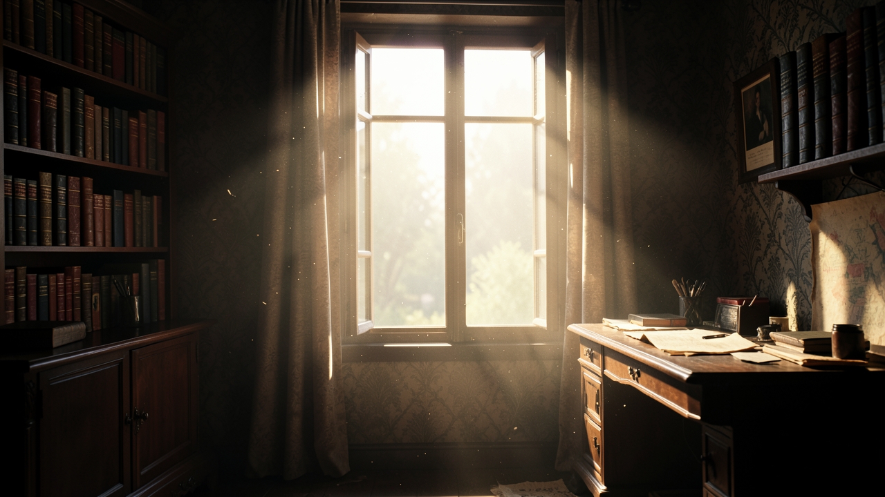 A dark study with a quill and candle, evocative of crafting micro-fiction writing prompts.