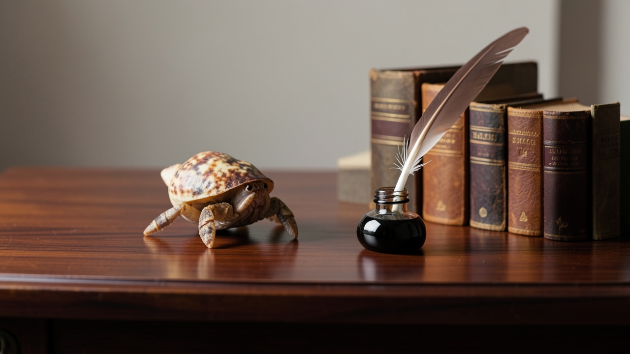 A dark desk scene evoking the hermit crab essay form, where borrowed structures shelter new literary meaning.