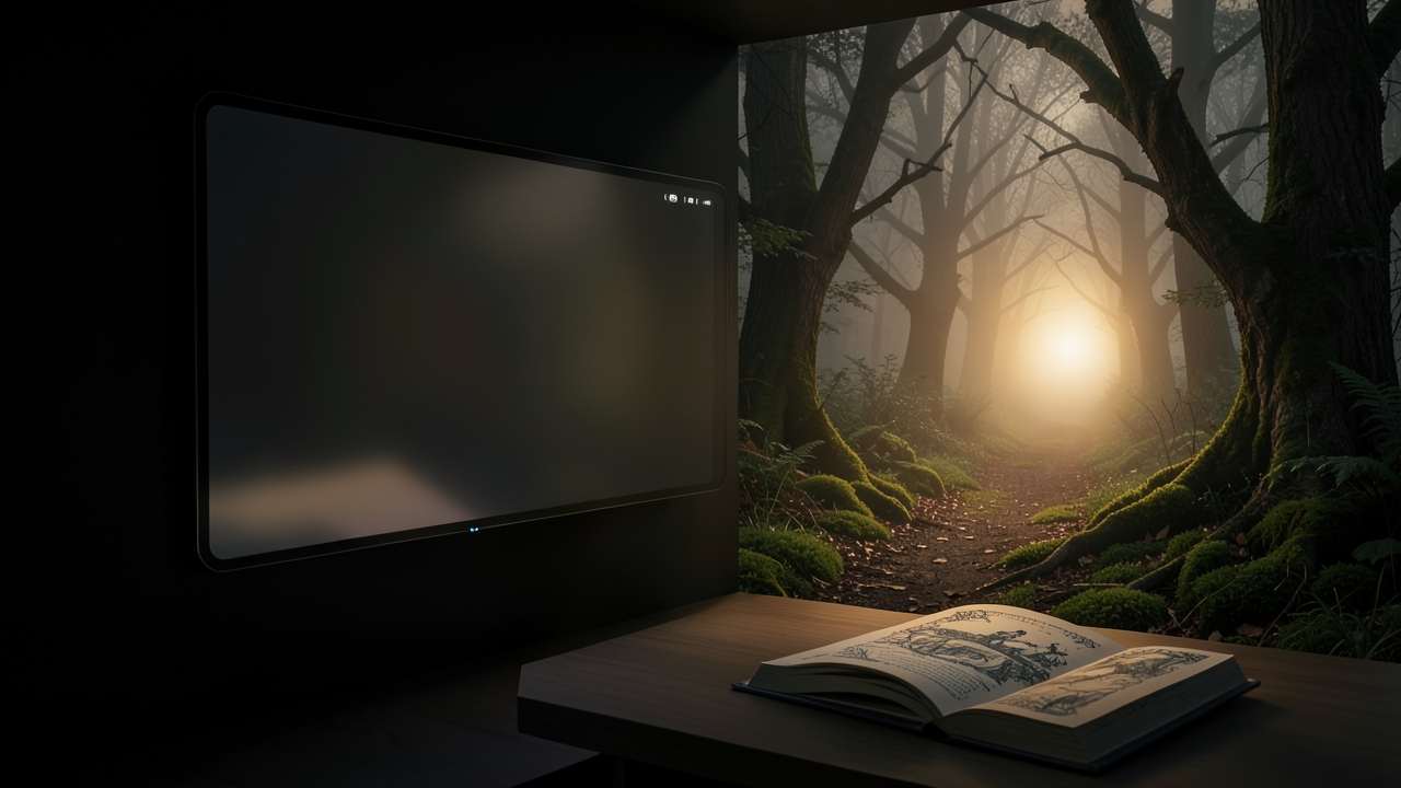 A dark room illuminated by a sinister smart home screen, embodying the modern gothic setting of digital dread.