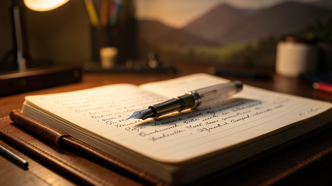 A candelabra illuminates a line of text, demonstrating micro-tension writing technique in the shadows.