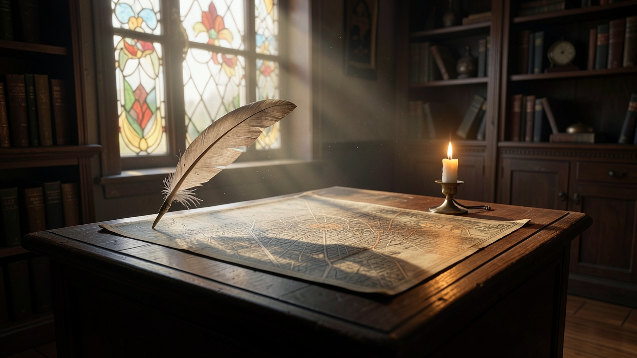 Crafting an unreliable narrator city story: a quill, candle, and map in shadow.