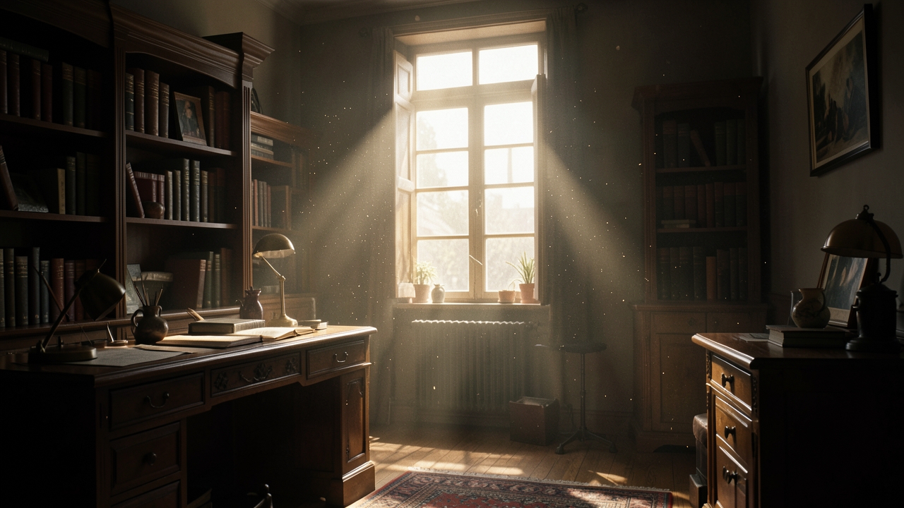 An unsent letter writing prompt on a shadowy desk, awaiting confession.