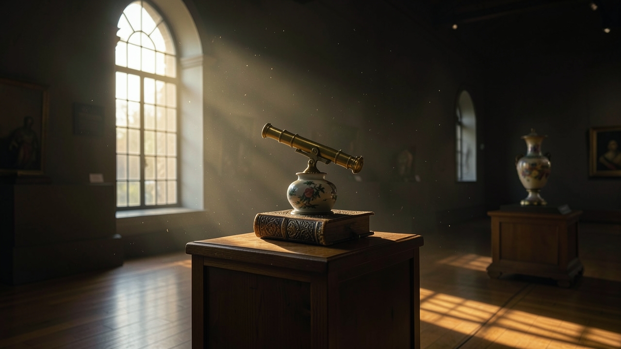 A forgotten museum artifact perspective writing guide: a single, shadowy relic on a pedestal.