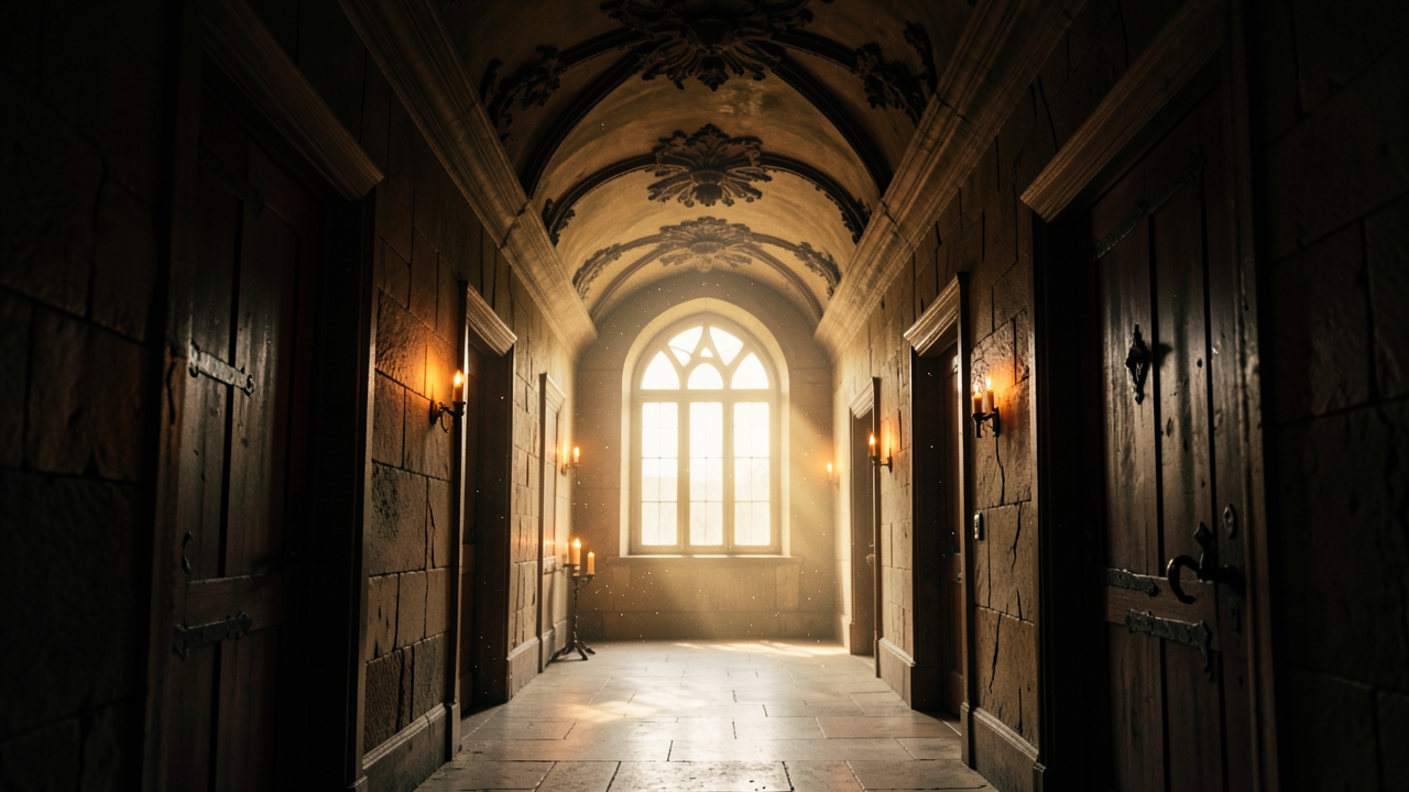 Sentient house mystery prompt shown as a candlelit gothic corridor whose doors and windows shift in shadow