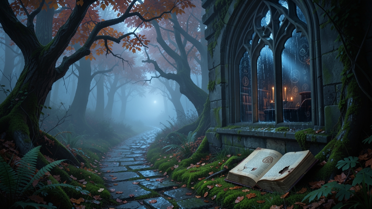 A rain-streaked window revealing distorted interior psychological horror settings.