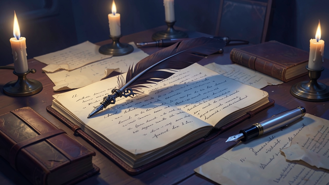 Strategic omission fiction tension illustrated by a shadowy manuscript.