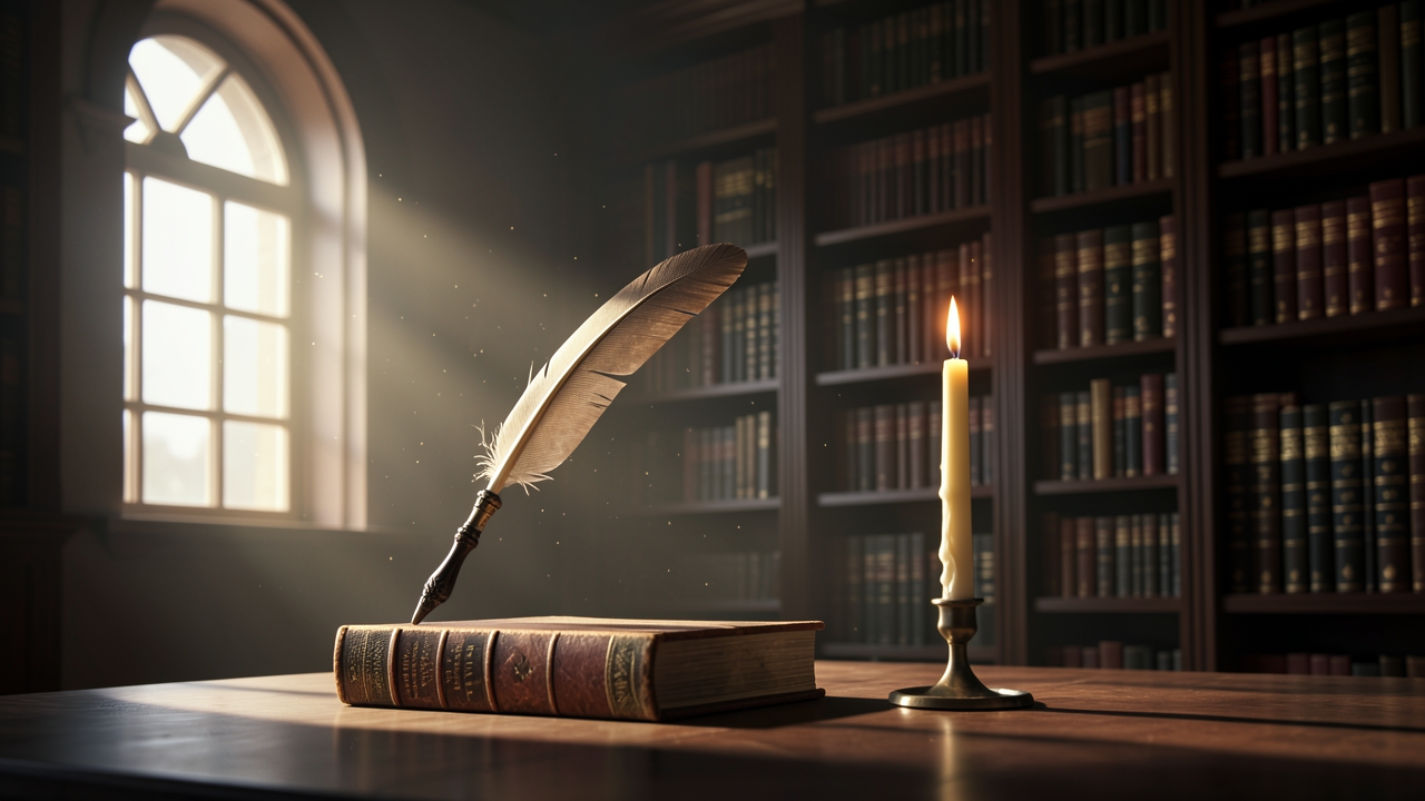 Unreliable narrator writing prompt: gothic quill and candle on manuscript.