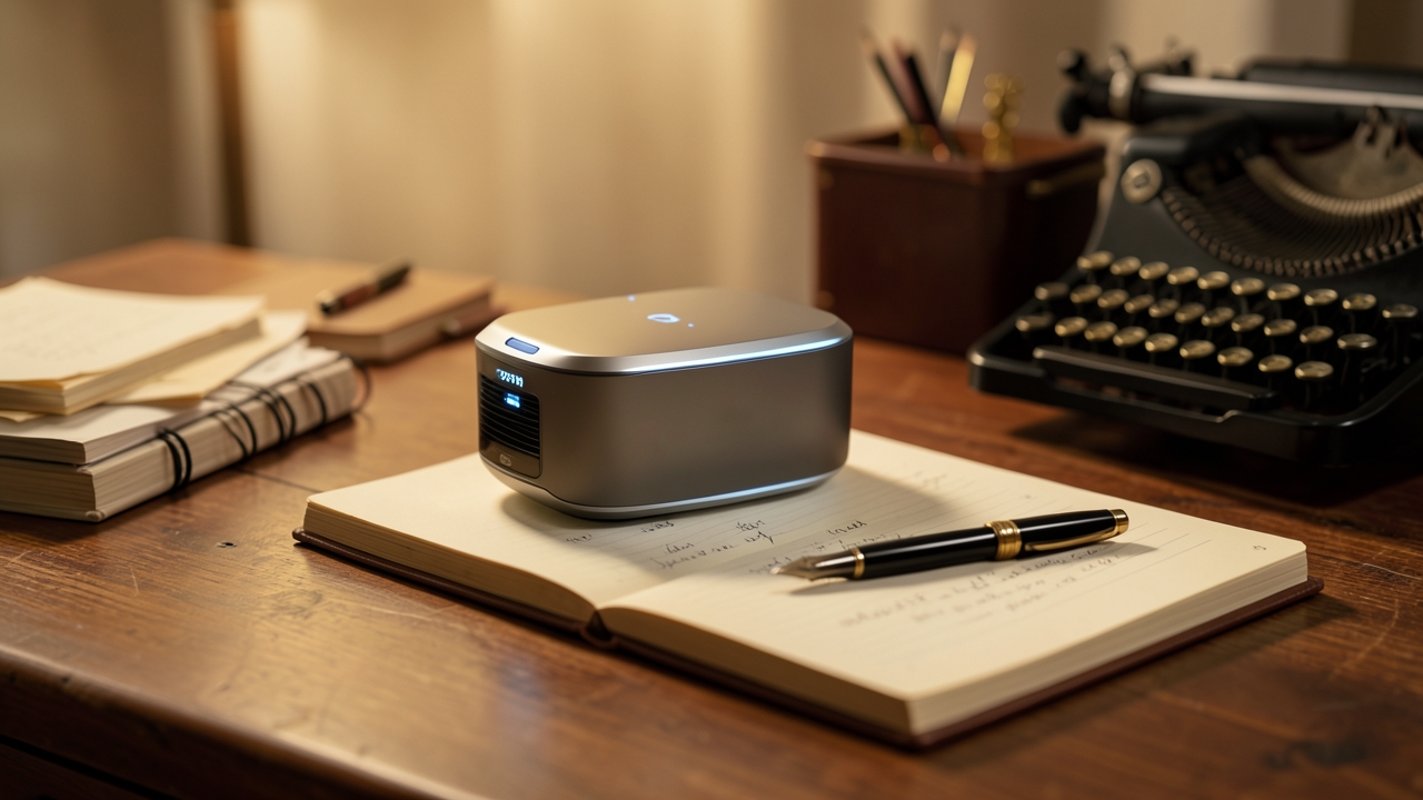 Gothic desk scene exploring AI writing tools 2026 as a spectral collaborator for authors.
