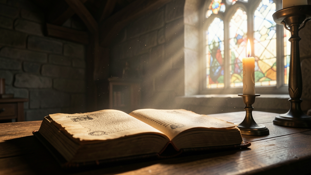 Sensory immersion writing prompt: a dark, atmospheric scene with a single candle illuminating a quill