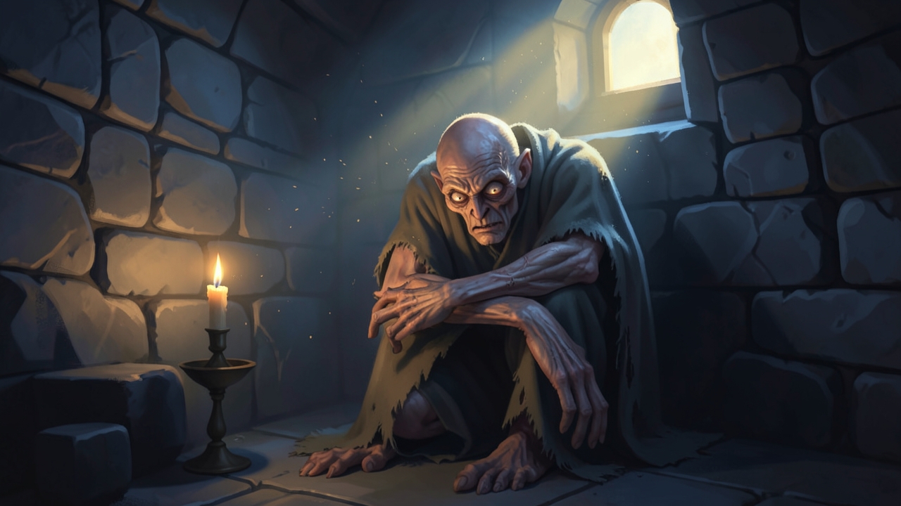 Fearful monster writing prompt: a trembling creature cowering beneath a stair in candlelight