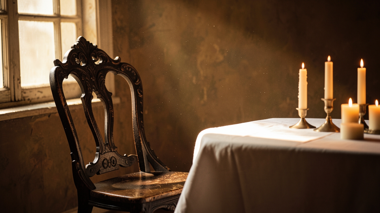 Gothic empty chair illustrating the erased character writing prompt at a shadowed table