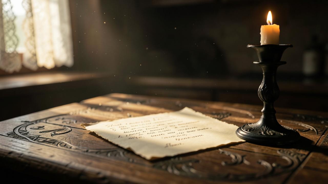 A candlelit handwritten family recipe card on a scarred wooden table, the visual key to this family recipe writing prompt