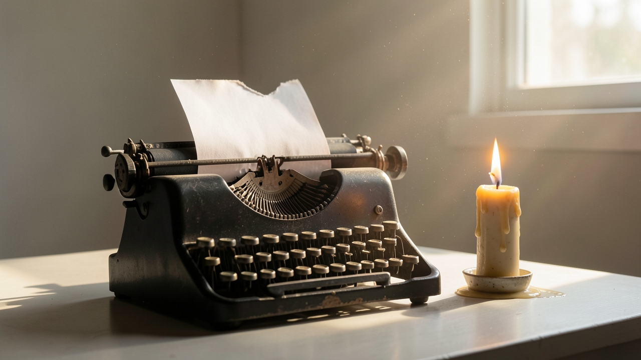 Gothic desk with a typewriter and torn letter, illustrating an unreliable narrator writing prompt about a lying ending