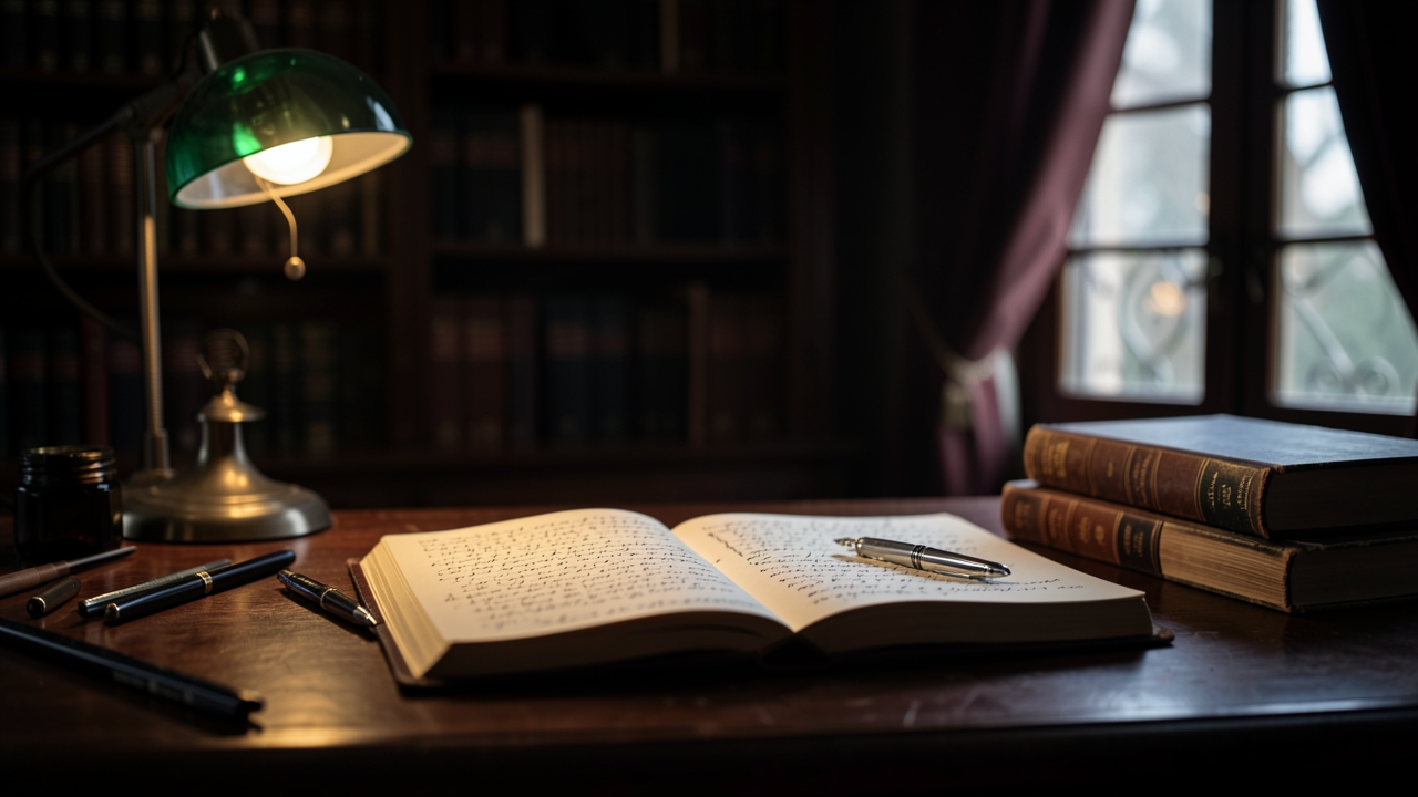Dark study with quill and candle illustrating prose rhythm techniques through repeating waves of sound