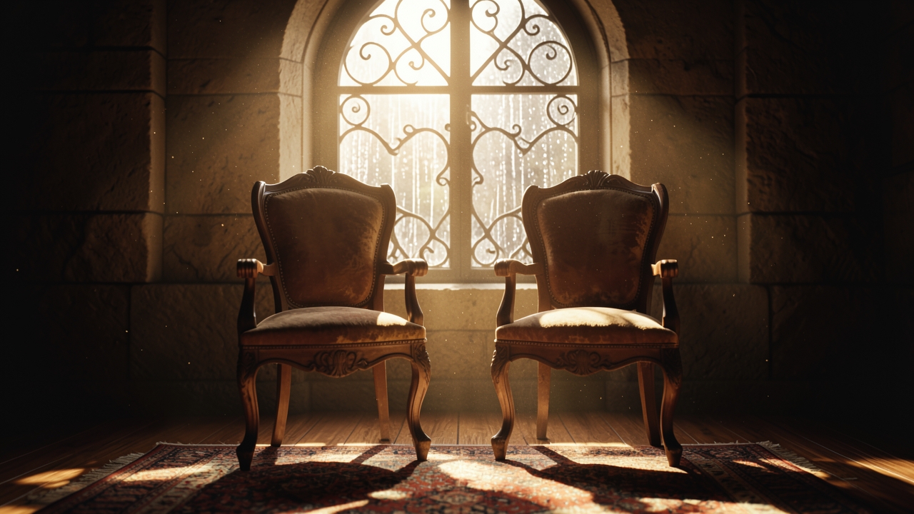 Two empty chairs facing a rain-streaked window — a visual for this writing prompt silence exercise