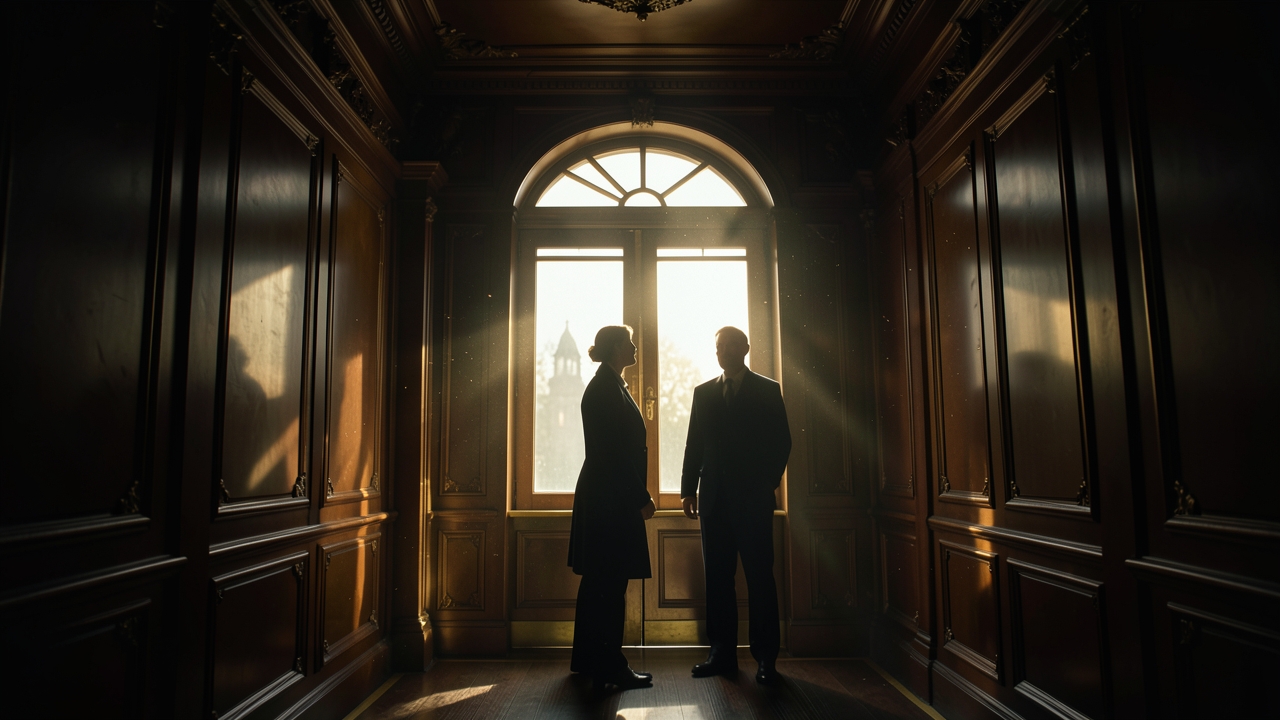 Shadowy figures inside a dim brass elevator, illustrating the elevator writing prompt for tight, tense scenes