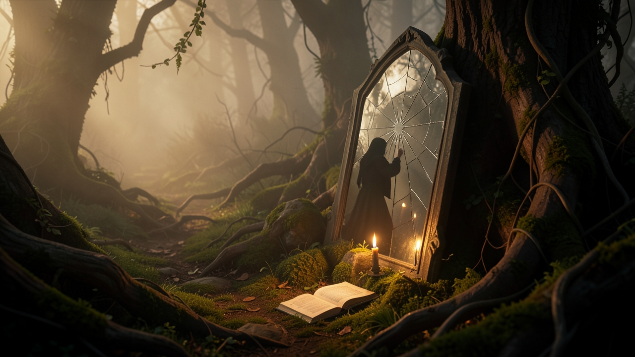 Unreliable narrator horror illustration: a shadowed figure writing by candlelight before a fractured mirror