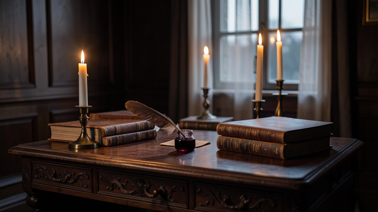 A candlelit writing desk at dusk with scattered letters, evoking personal essay writing and the quiet art of confession