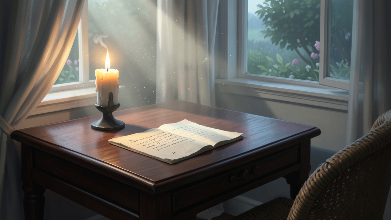 Unreliable narrator prompt illustration: a candlelit writing desk with a half-finished confession