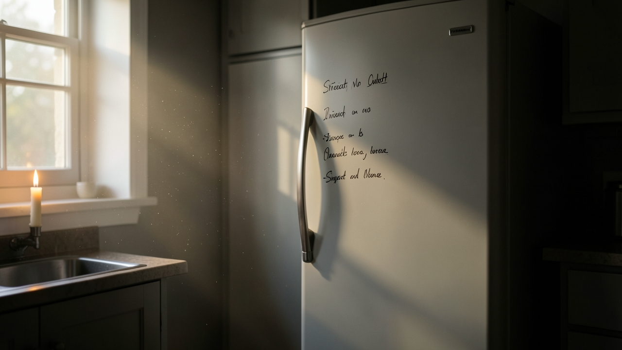 A handwritten grocery list writing prompt example taped to a refrigerator door in dim light