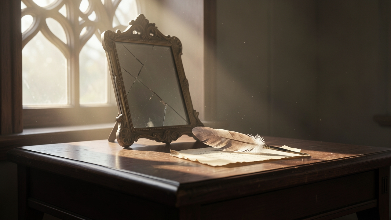 Gothic writing prompt scene exploring villain honesty: candlelit desk, cracked mirror, and a waiting quill