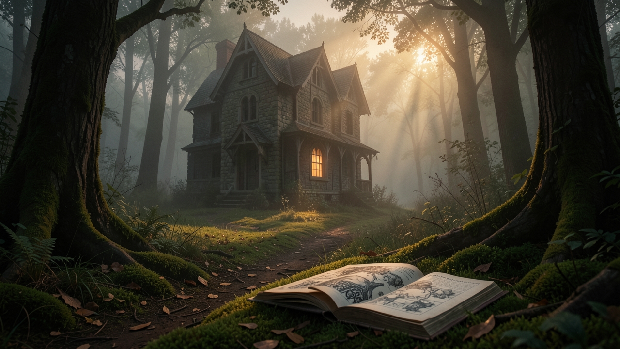 Gothic setting as character: an empty Victorian house at dusk with one lit window against dark hills