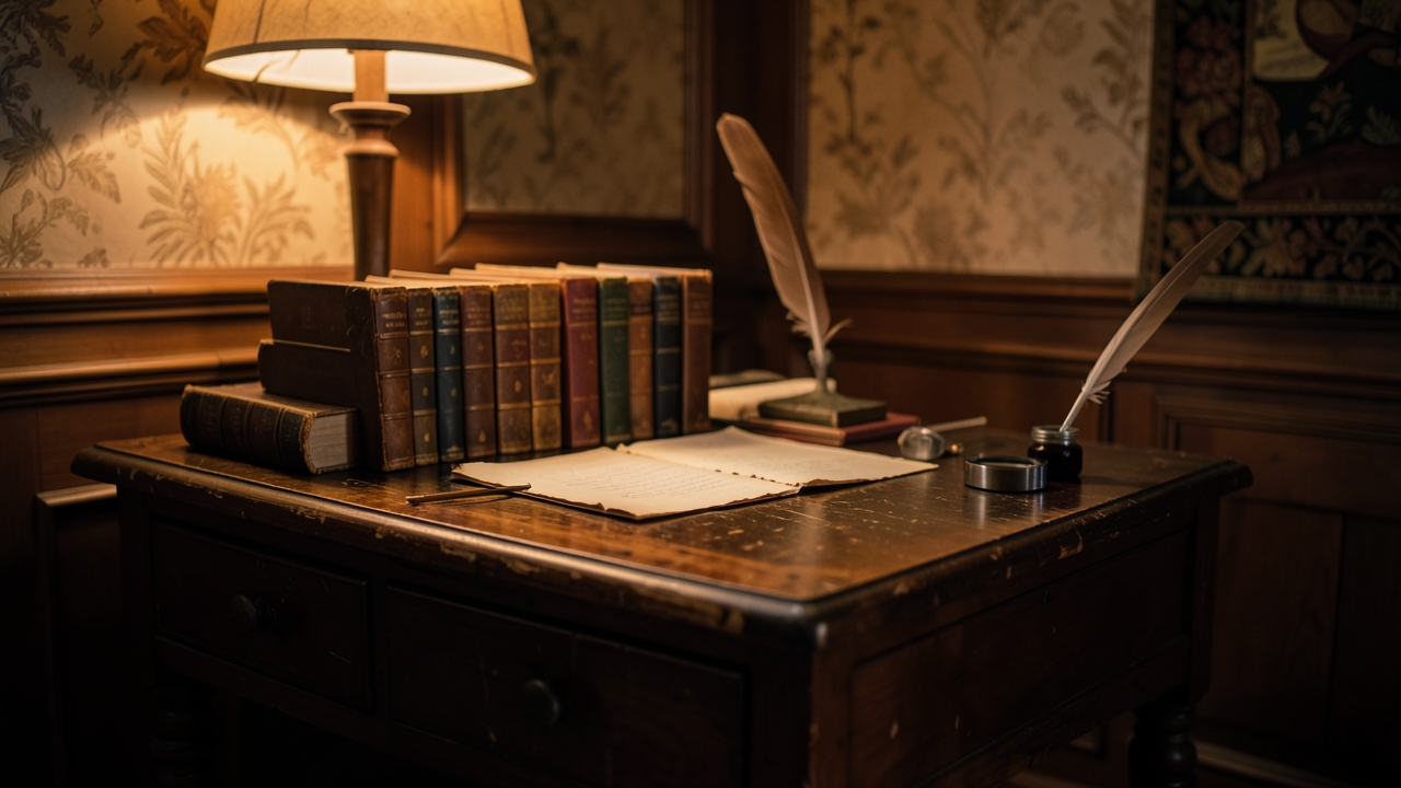 Montaigne essay craft: candlelit tower library with an open manuscript and quill