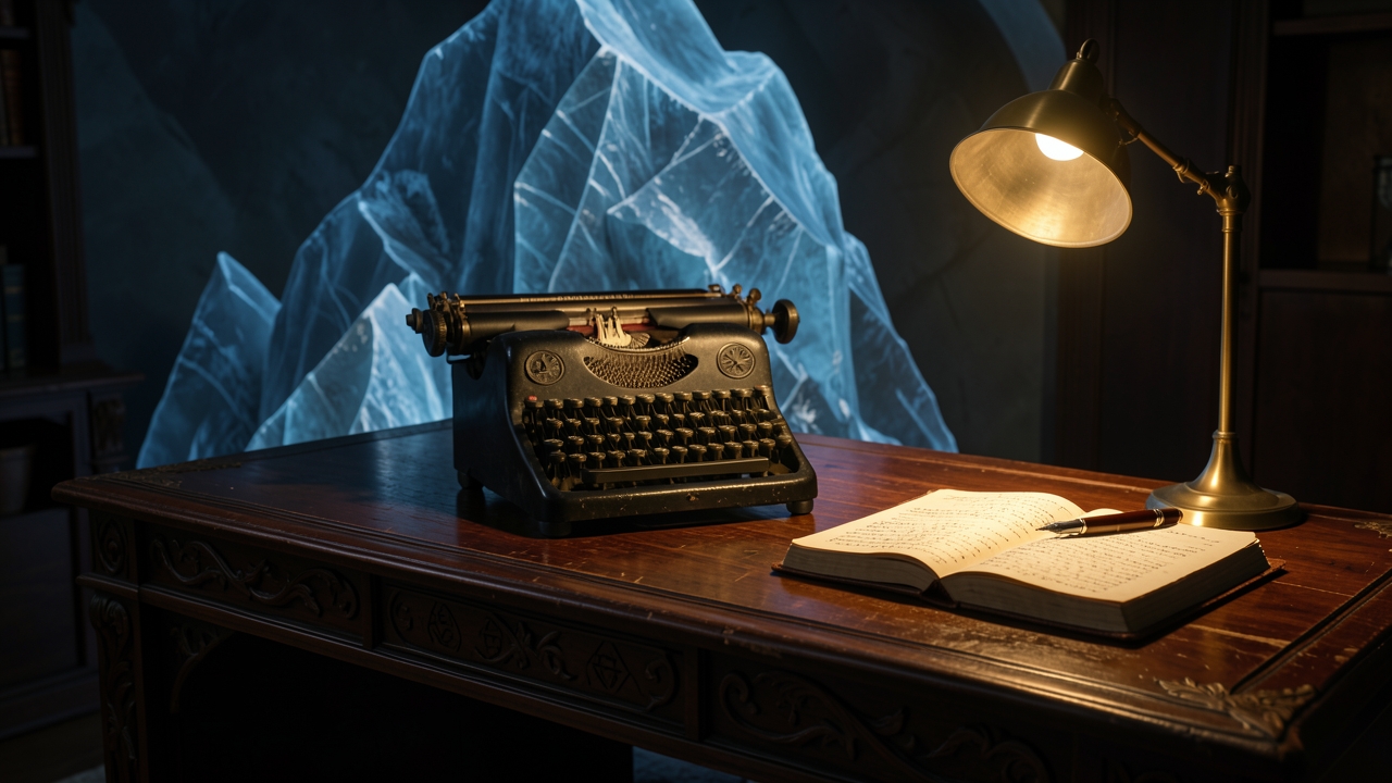Iceberg theory flash fiction — a typewriter and candlelit desk beneath a looming iceberg at dusk