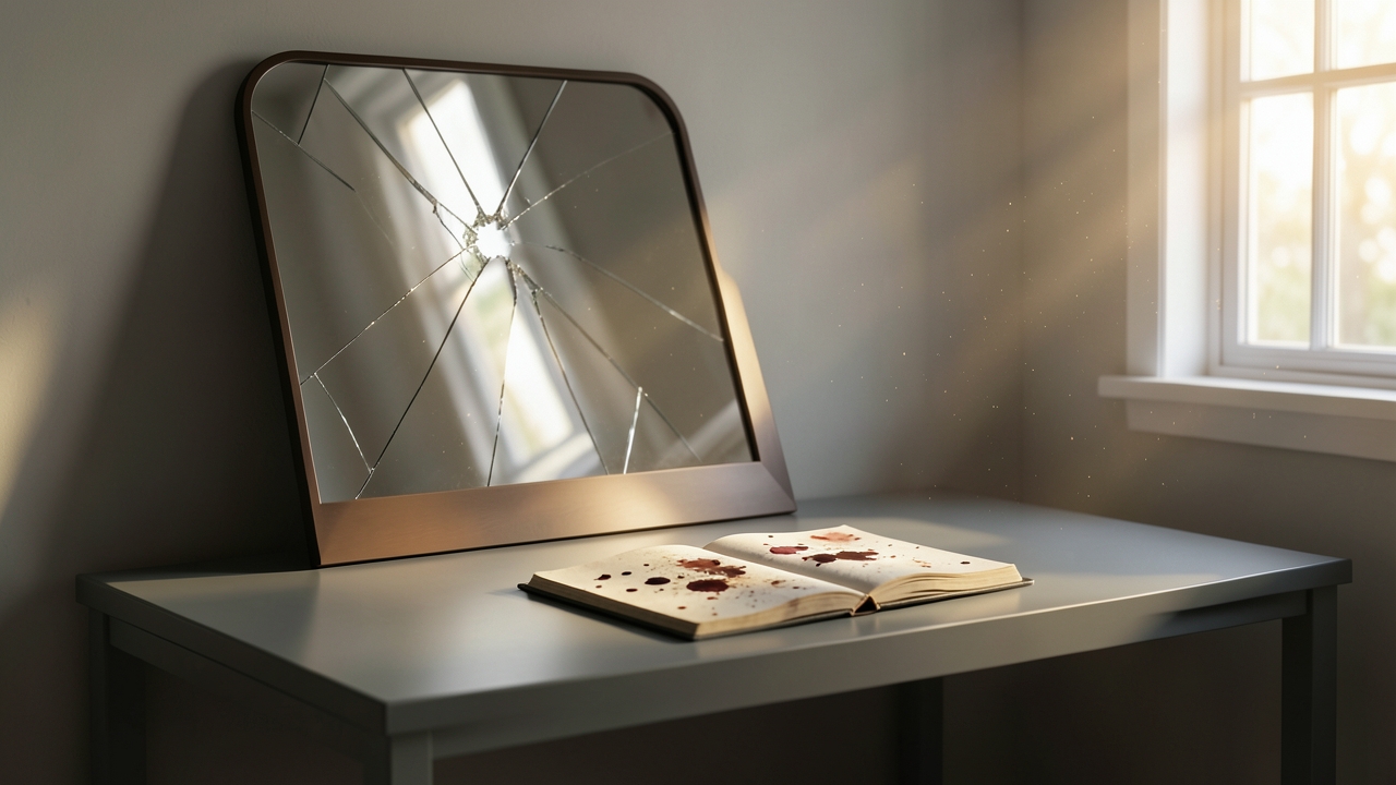 Candlelit gothic desk with a cracked mirror, illustrating unreliable narrator writing prompts that build contradiction into p