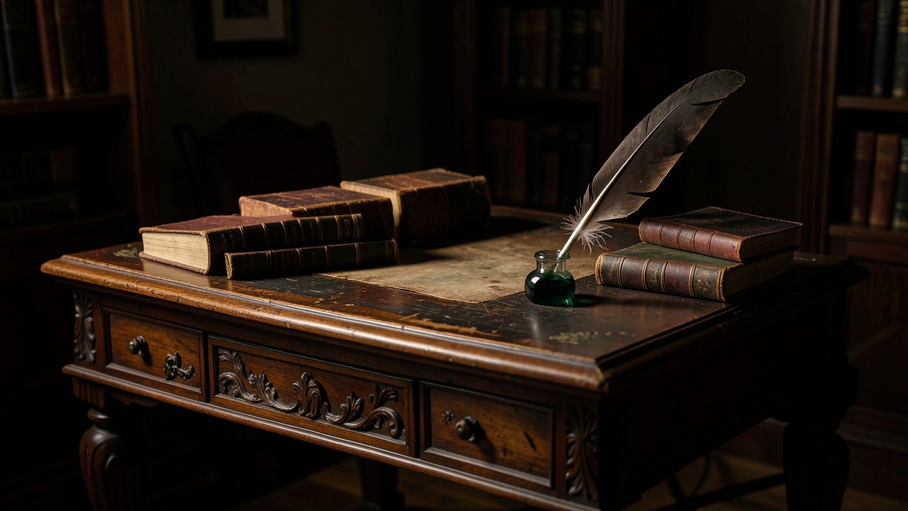 Montaigne's honest literary voice evoked by a candlelit Renaissance desk with quill and manuscript