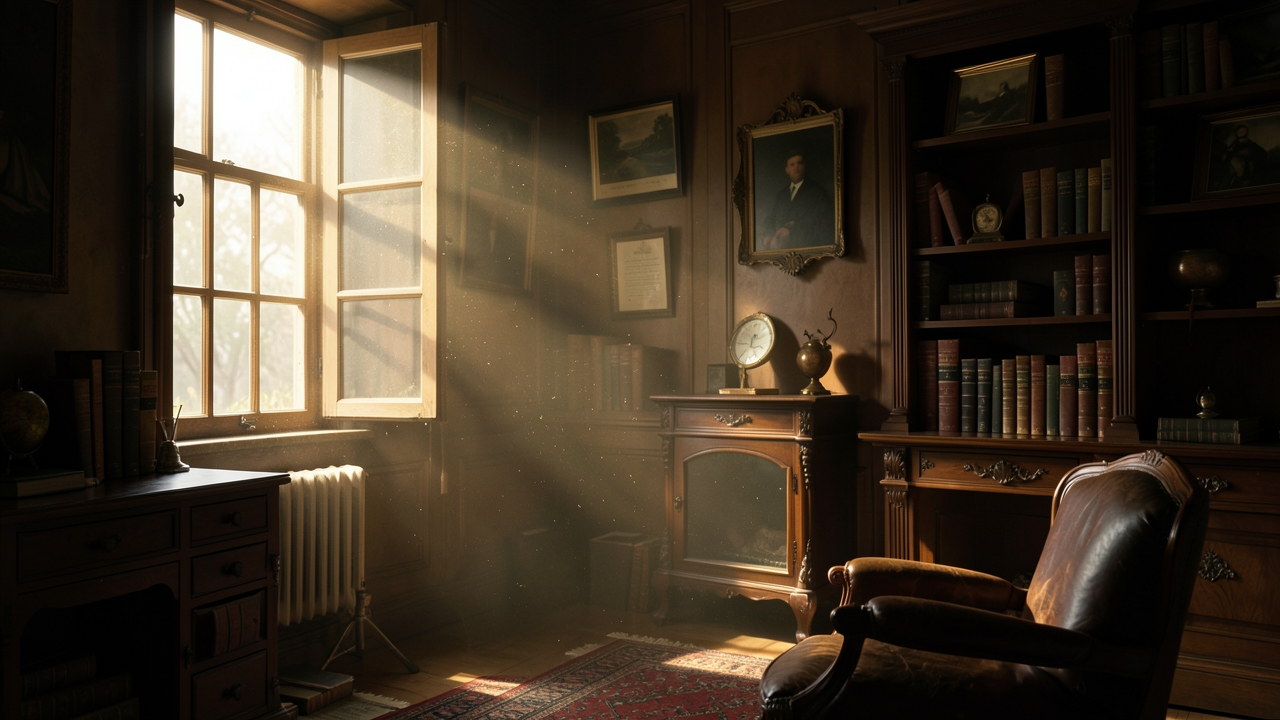 Setting writing prompts imagined as a sweltering room where a lone writer works at a desk by a shuttered window