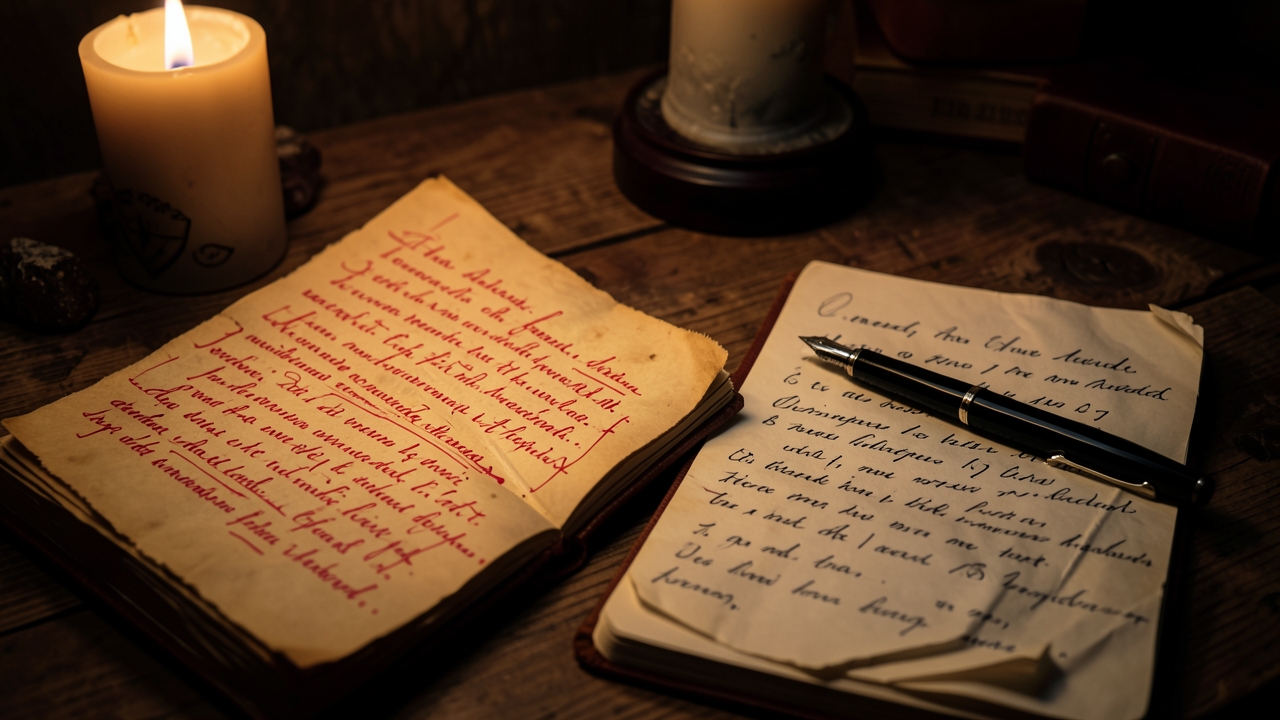 A writer diagnosing saggy middle sections with the one-sentence scene test at a candlelit desk