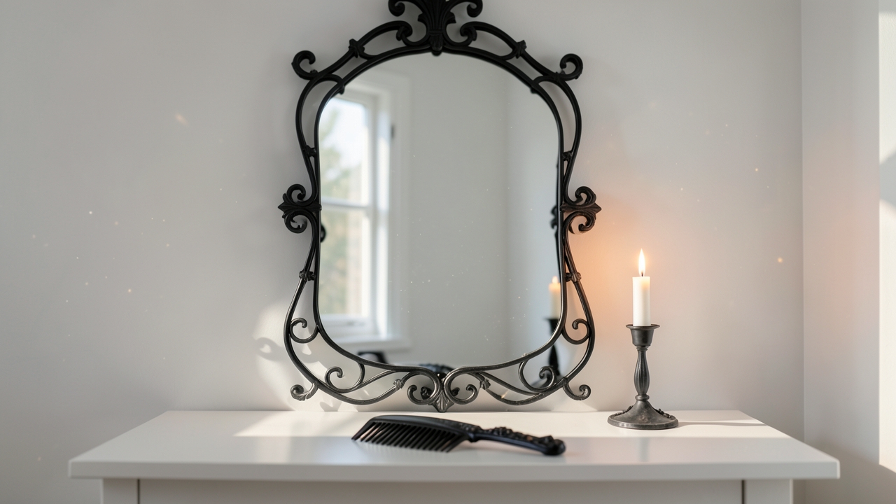 A cracked gothic mirror lit by candle — perfect for a fairy tale villain prompt about unreliable narration