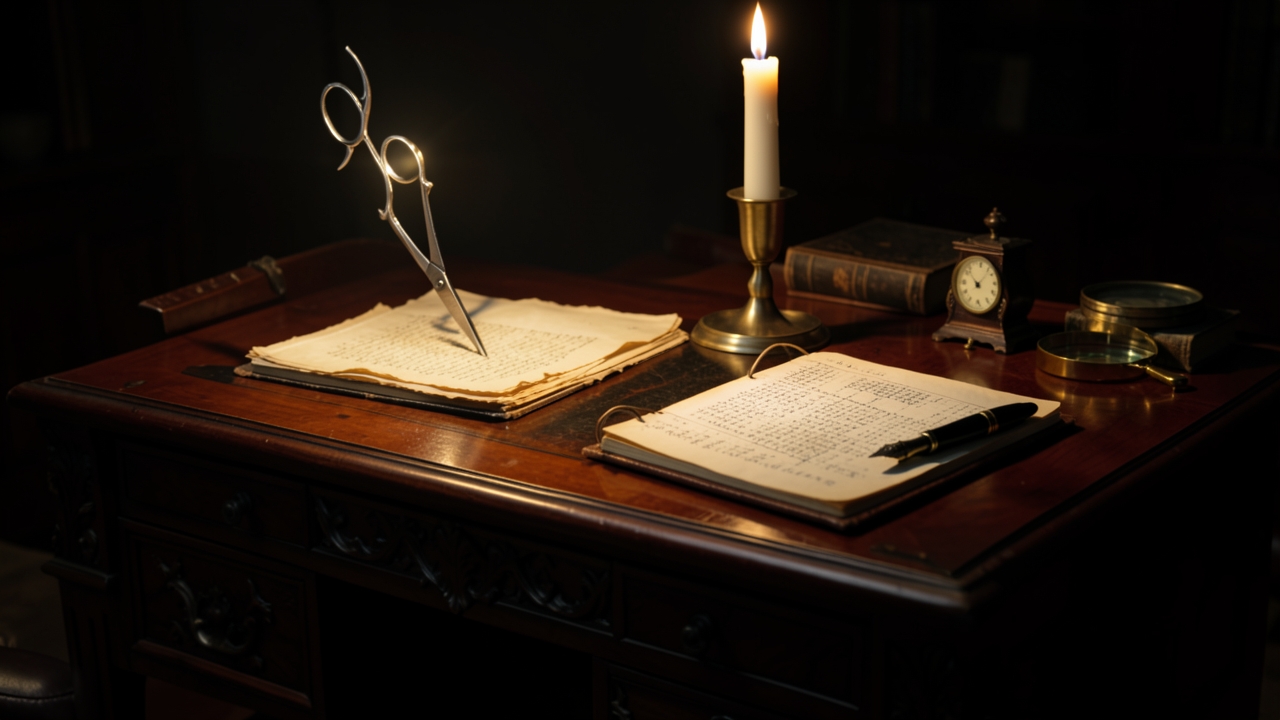 Manuscript pages being trimmed on a candlelit gothic desk, illustrating compression in revision for tighter prose